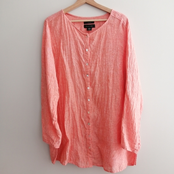 Tahari Plus Size 100% Linen Button Up Tunic Coastal Lagenlook Orange Peach 2X - Picture 2 of 15